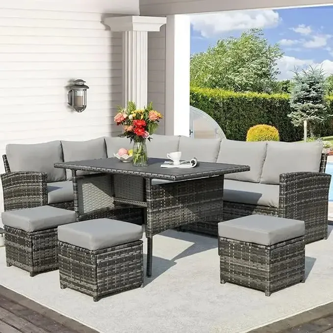 7 Pieces Wicker Outdoor Sectional Sofa with High Table and Chairs