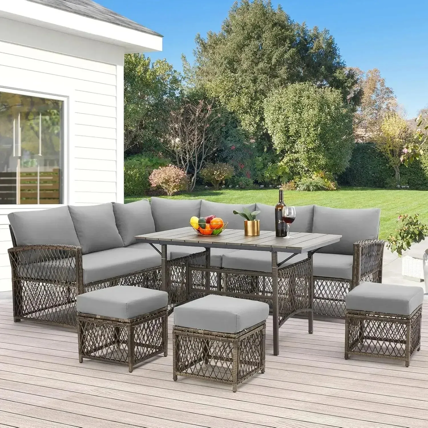 7 Pieces Wicker Outdoor Sectional Sofa with High Table and Chairs