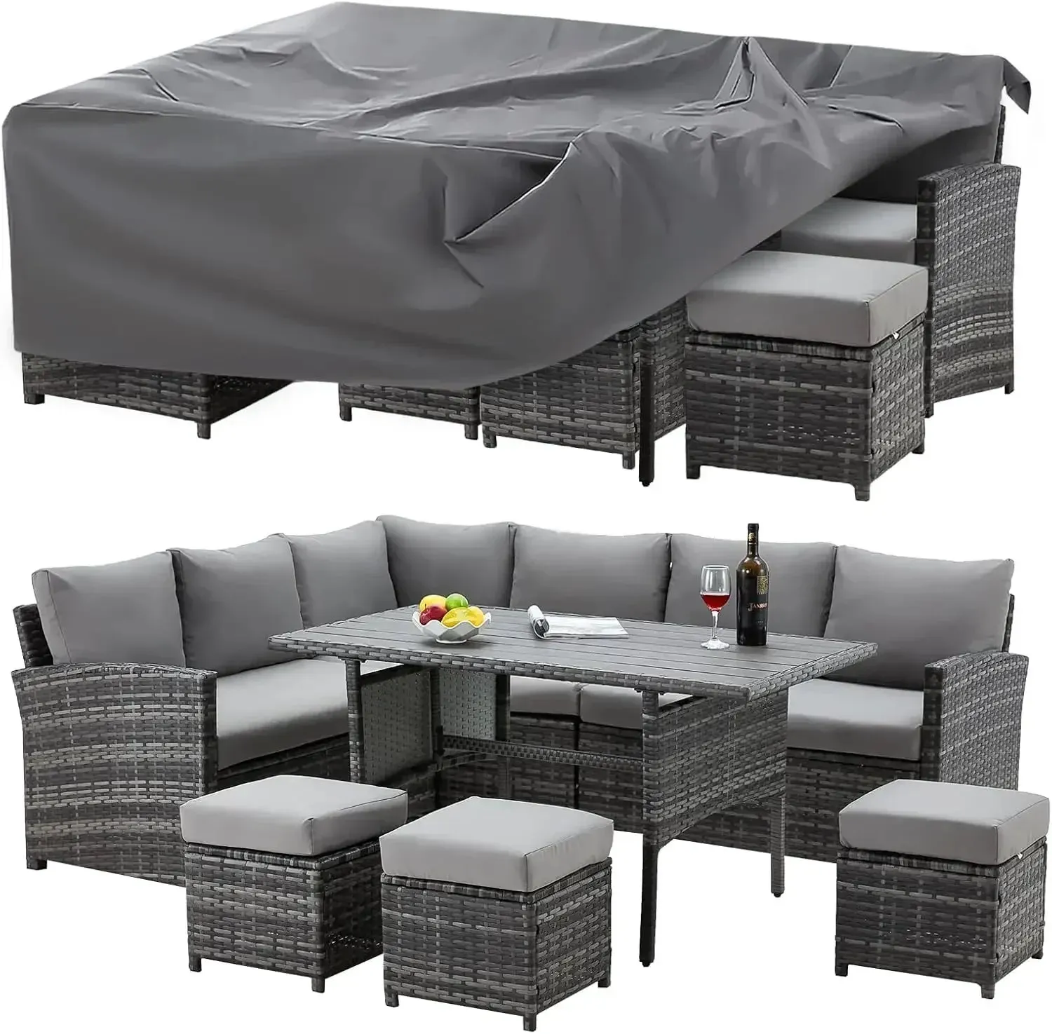 7 Pieces Wicker Outdoor Sectional Sofa with High Table and Chairs