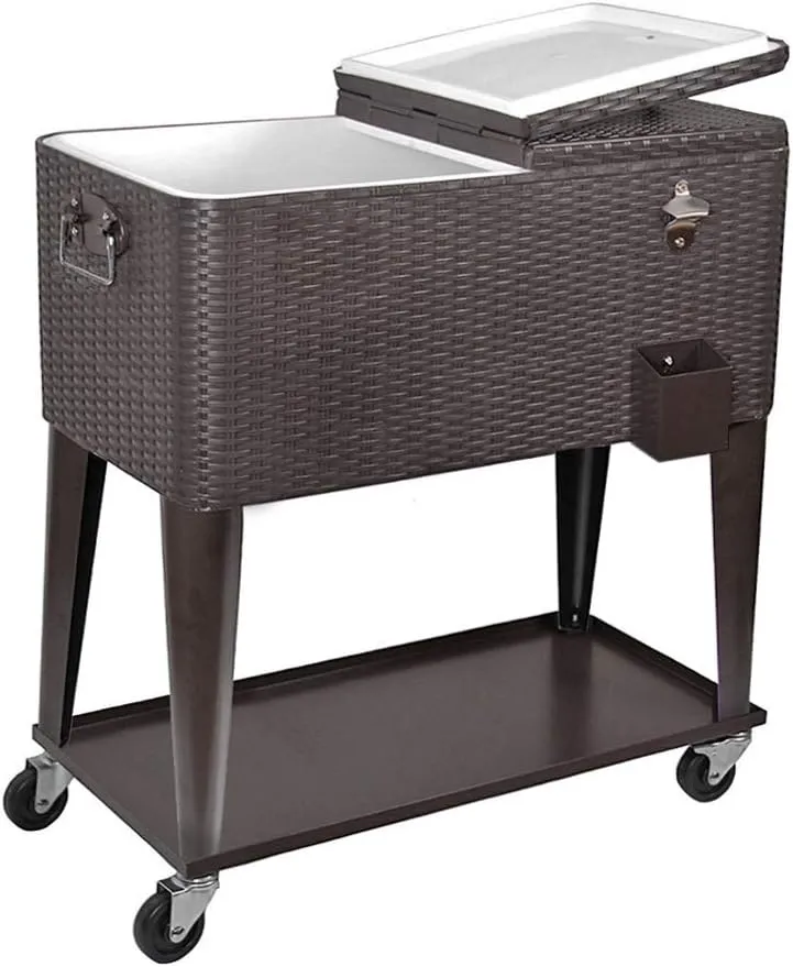 80 Quart Rolling Patio Cooler Ice Chest Beverage Cart, Party Drink Beverage Bar with Wheels with Shelf & Bottle Opener, Portable Outdoor Backyard Patio Deck Ice Tub Trolley