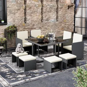 9 Pieces Patio Dining Sets Outdoor Conversation Sets, Space Saving Wicker Chairs with Glass Table and Ottomans, Cushioned Seating and Back Sectional Dining Sets(BK-WH)
