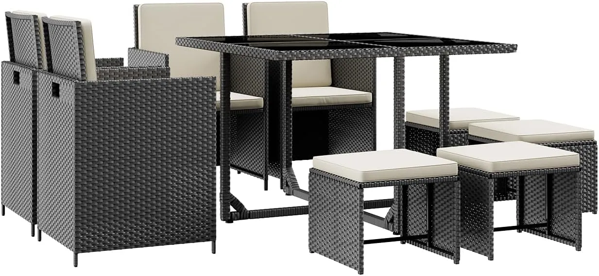 9 Pieces Patio Dining Sets Outdoor Conversation Sets, Space Saving Wicker Chairs with Glass Table and Ottomans, Cushioned Seating and Back Sectional Dining Sets(BK-WH)