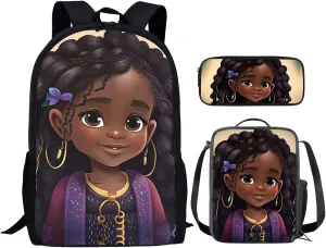 Afro Black Girls Backpack with Lunch Box Kids School Bag for 2Nd/3Rd/4Th/5Th Grade Art African American Bookbag Age 10-12/8-10 Elementary Primary Schoolbag