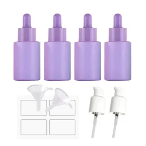 AGENIZ 4 Pack 1oz Glass Dropper Bottle,Purple Coated Glass Dropper Bottles with 2 Funnels & 2 Lotion Pumps,30 ml Eye Dropper Bottles For Essential Oils,Serums,Lotion,Tincture Bottles (D - Purple)