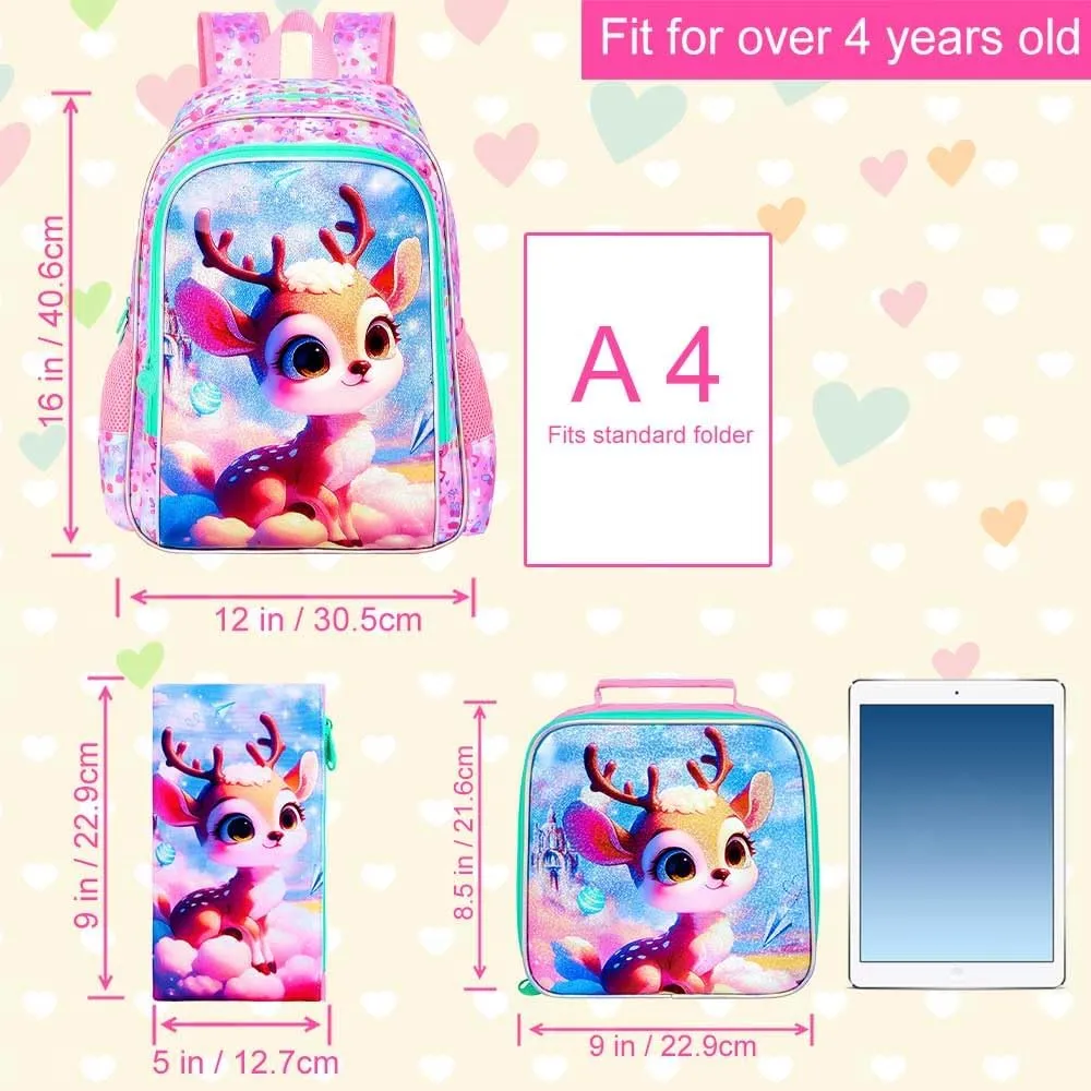 AGSDON 3PCS Backpacks for Girls, 16" Kids Backpack with lunch box, Cute Deer Water Resistant Bookbag Set for Preschool Toddler