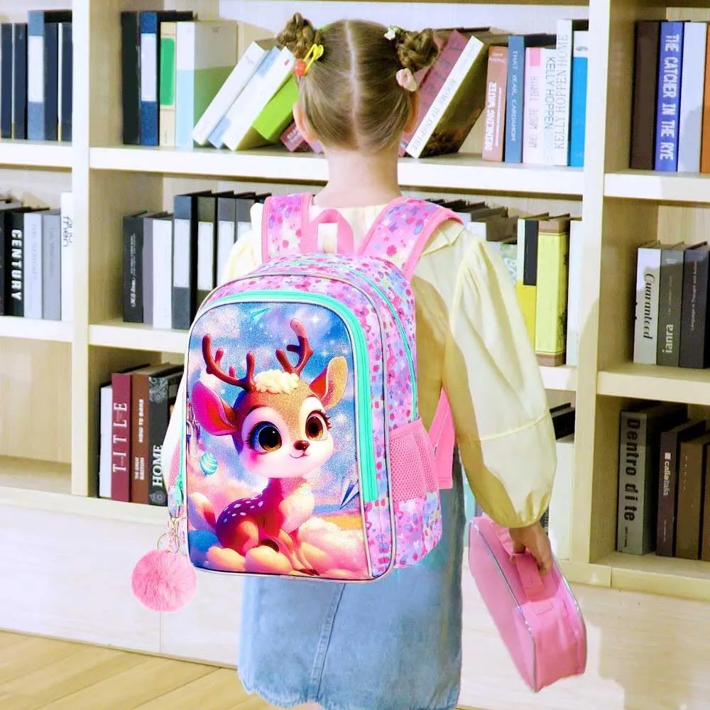 AGSDON 3PCS Backpacks for Girls, 16" Kids Backpack with lunch box, Cute Deer Water Resistant Bookbag Set for Preschool Toddler