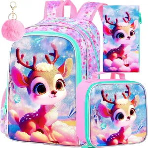 AGSDON 3PCS Backpacks for Girls, 16" Kids Backpack with lunch box, Cute Deer Water Resistant Bookbag Set for Preschool Toddler