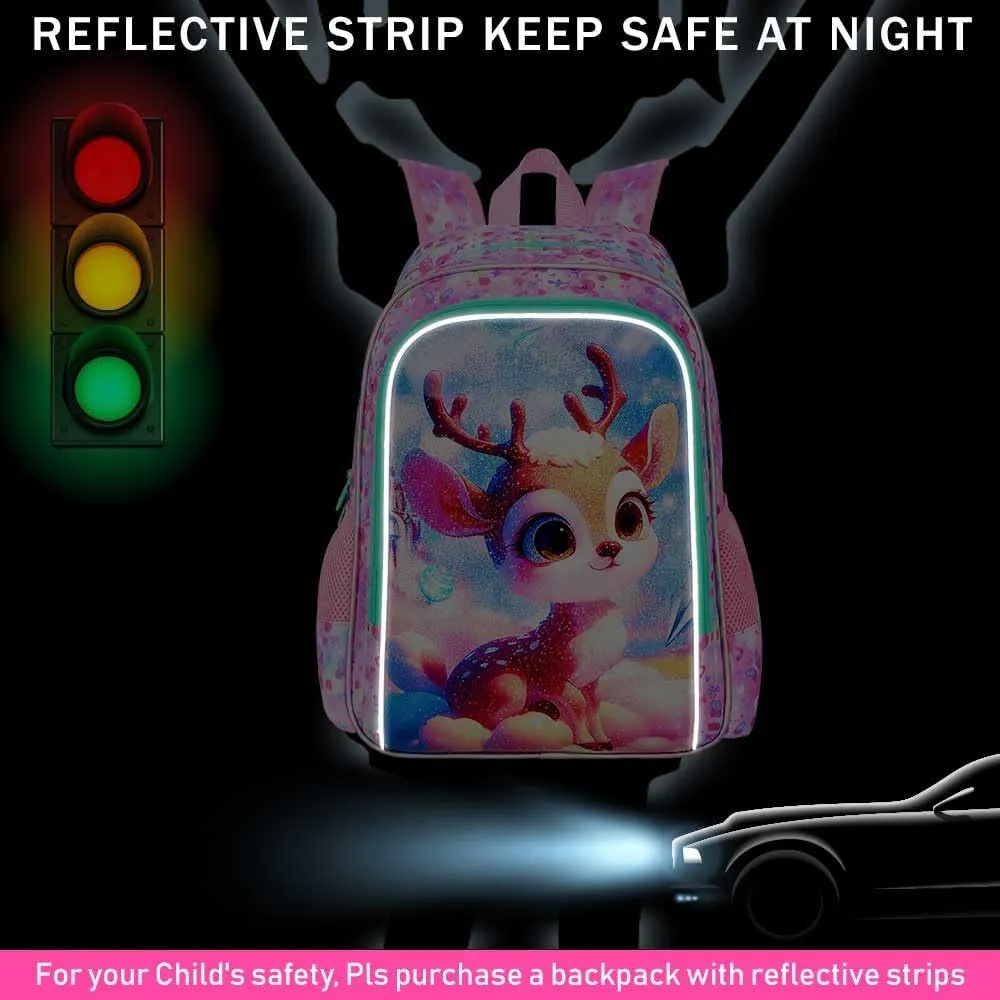 AGSDON 3PCS Backpacks for Girls, 16" Kids Backpack with lunch box, Cute Deer Water Resistant Bookbag Set for Preschool Toddler