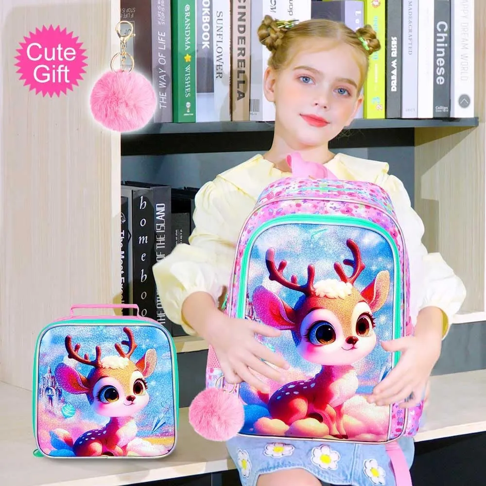 AGSDON 3PCS Backpacks for Girls, 16" Kids Backpack with lunch box, Cute Deer Water Resistant Bookbag Set for Preschool Toddler
