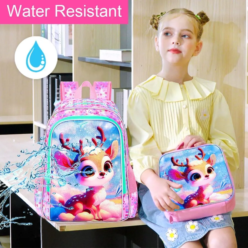 AGSDON 3PCS Backpacks for Girls, 16" Kids Backpack with lunch box, Cute Deer Water Resistant Bookbag Set for Preschool Toddler