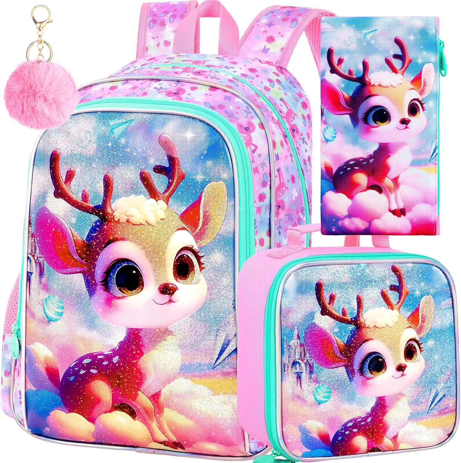 AGSDON 3PCS Backpacks for Girls, 16" Kids Backpack with lunch box, Cute Deer Water Resistant Bookbag Set for Preschool Toddler