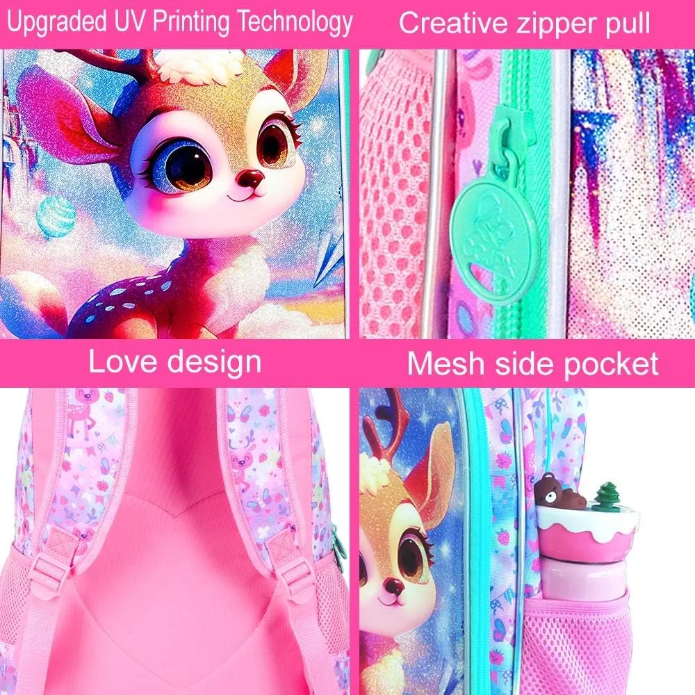 AGSDON 3PCS Backpacks for Girls, 16" Kids Backpack with lunch box, Cute Deer Water Resistant Bookbag Set for Preschool Toddler