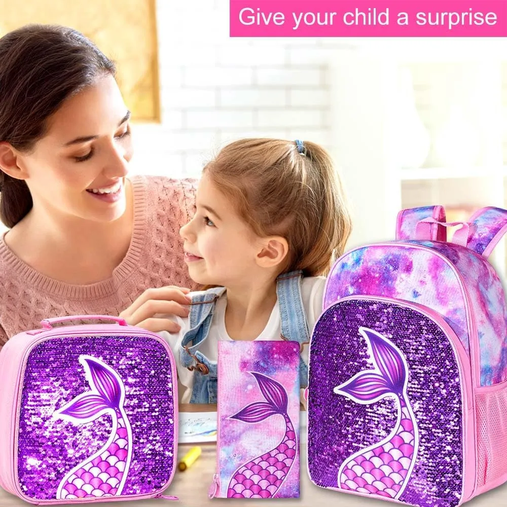 AGSDON 3PCS Backpacks for Kids, 16" Little Kid Preschool School Bookbag and Lunch Box - Unicorn/Mermaid/Flamingo/Dinosaur