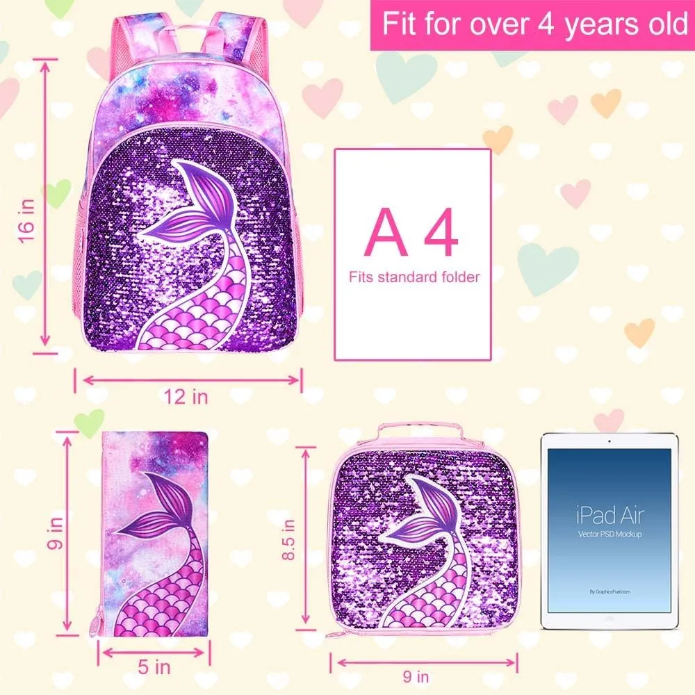 AGSDON 3PCS Backpacks for Kids, 16" Little Kid Preschool School Bookbag and Lunch Box - Unicorn/Mermaid/Flamingo/Dinosaur