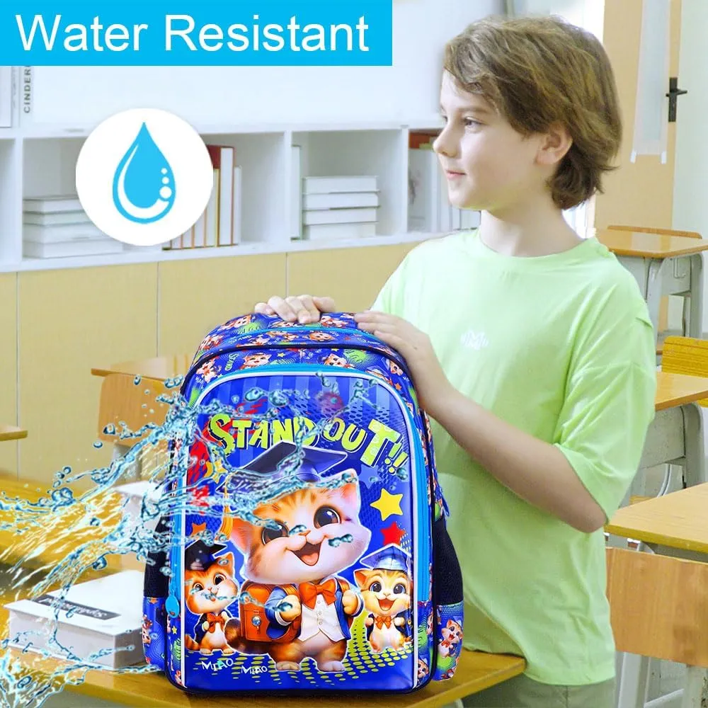 AGSDON 3PCS Boys Backpacks, 16" Kids Cat Backpack with Water Resistant for Preschool Elementary, Boy Bookbag Set with Lunch Box
