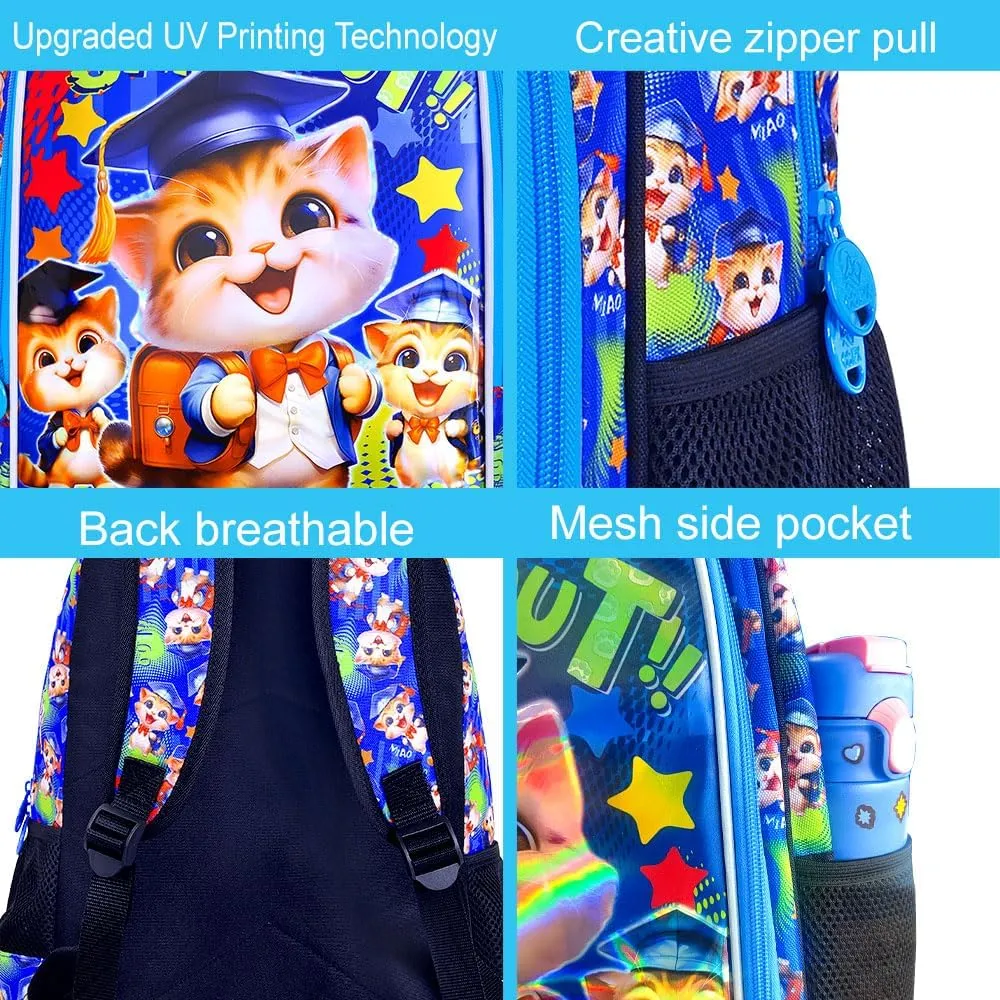 AGSDON 3PCS Boys Backpacks, 16" Kids Cat Backpack with Water Resistant for Preschool Elementary, Boy Bookbag Set with Lunch Box