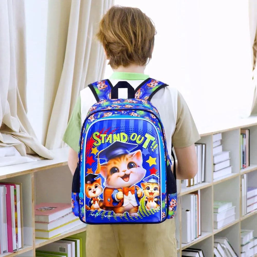 AGSDON 3PCS Boys Backpacks, 16" Kids Cat Backpack with Water Resistant for Preschool Elementary, Boy Bookbag Set with Lunch Box