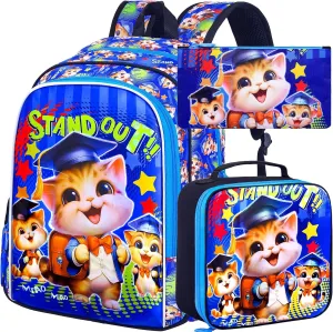 AGSDON 3PCS Boys Backpacks, 16" Kids Cat Backpack with Water Resistant for Preschool Elementary, Boy Bookbag Set with Lunch Box