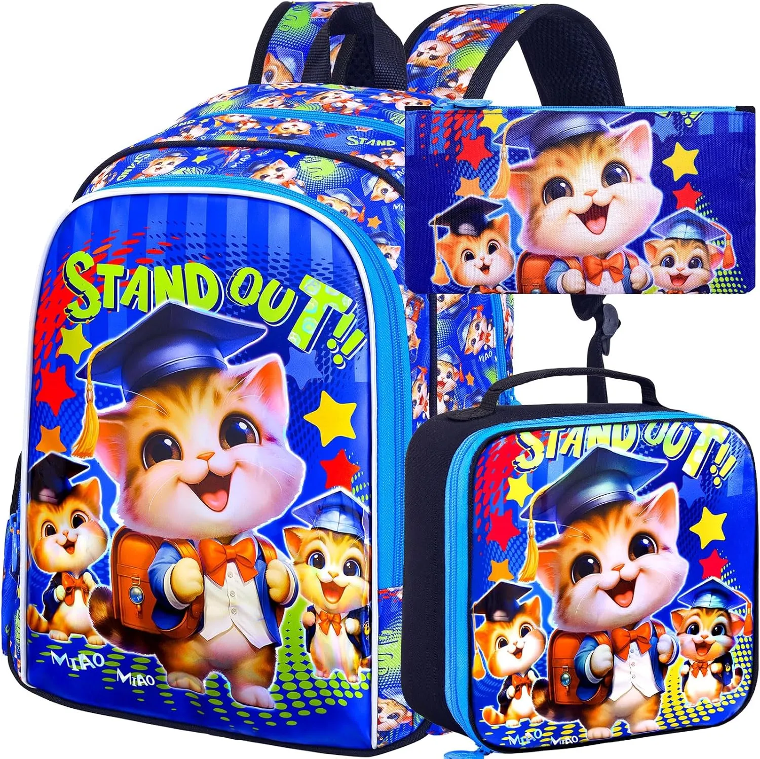AGSDON 3PCS Boys Backpacks, 16" Kids Cat Backpack with Water Resistant for Preschool Elementary, Boy Bookbag Set with Lunch Box