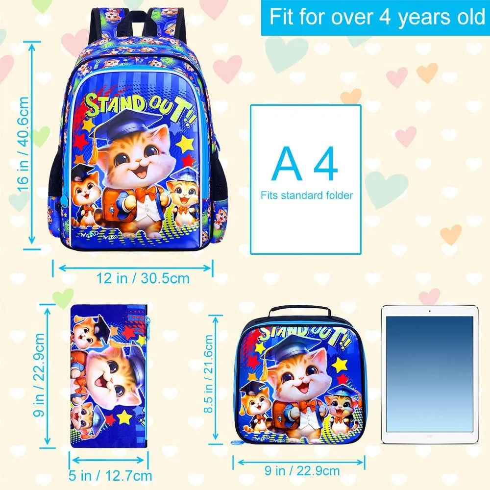 AGSDON 3PCS Boys Backpacks, 16" Kids Cat Backpack with Water Resistant for Preschool Elementary, Boy Bookbag Set with Lunch Box