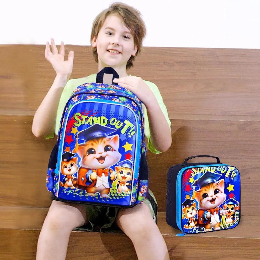 AGSDON 3PCS Boys Backpacks, 16" Kids Cat Backpack with Water Resistant for Preschool Elementary, Boy Bookbag Set with Lunch Box