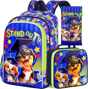 AGSDON 3PCS Boys Backpacks, 16" Kids Dog Backpack with Lunch Box Set for Boy, Water Resistant School Bookbag for Toddler