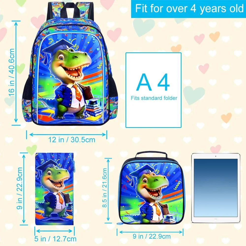 AGSDON 3PCS Dinosaur Backpack for Boys, Kids Bookbag Water Resistant School Bookbag for Elementary, Boy Backpacks with Lunch Box