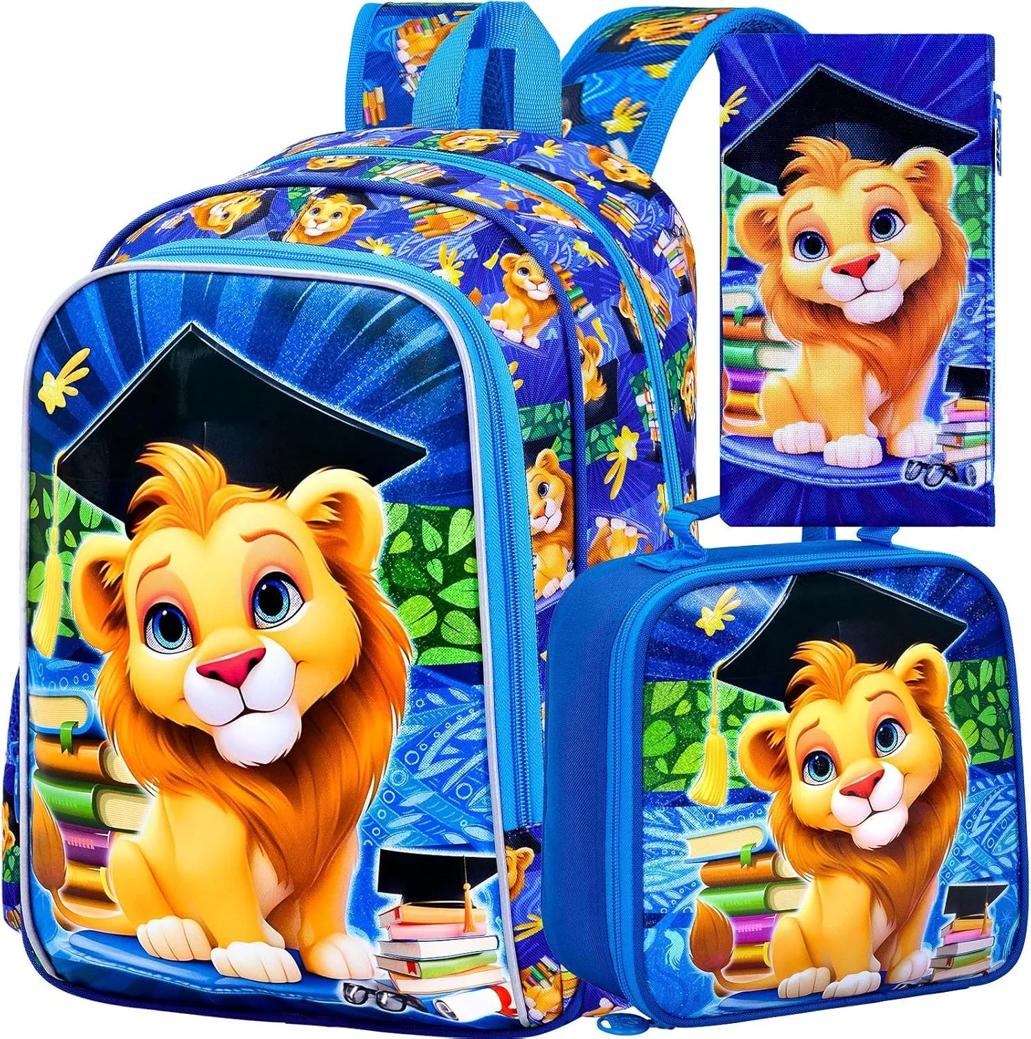 AGSDON 3PCS Lion Backpack for Boys, 16" Kids Bookbag with Lunch Box, Water Resistant Boy Backpacks for School Elementary