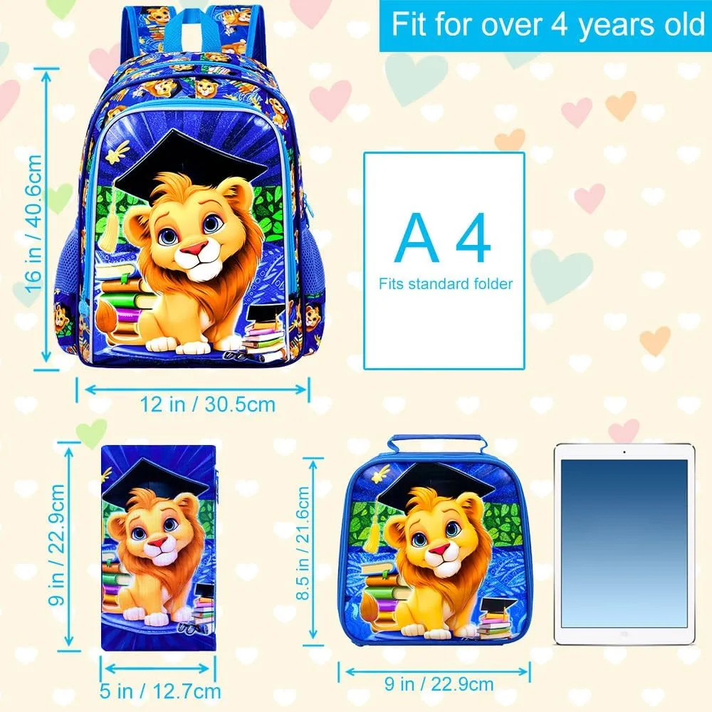 AGSDON 3PCS Lion Backpack for Boys, 16" Kids Bookbag with Lunch Box, Water Resistant Boy Backpacks for School Elementary