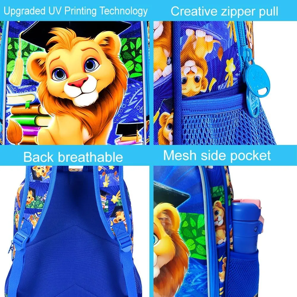 AGSDON 3PCS Lion Backpack for Boys, 16" Kids Bookbag with Lunch Box, Water Resistant Boy Backpacks for School Elementary