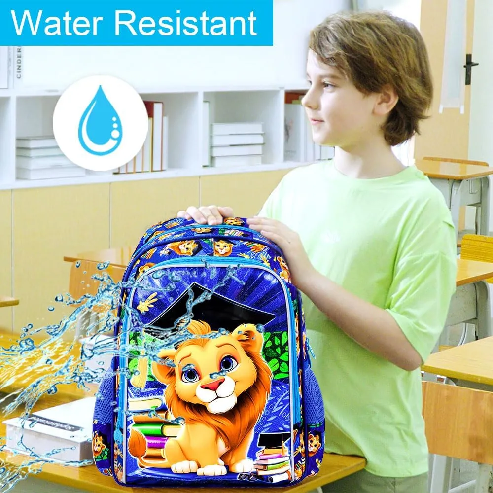 AGSDON 3PCS Lion Backpack for Boys, 16" Kids Bookbag with Lunch Box, Water Resistant Boy Backpacks for School Elementary
