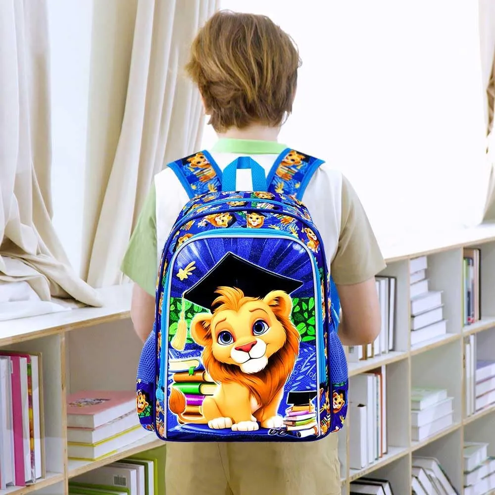 AGSDON 3PCS Lion Backpack for Boys, 16" Kids Bookbag with Lunch Box, Water Resistant Boy Backpacks for School Elementary