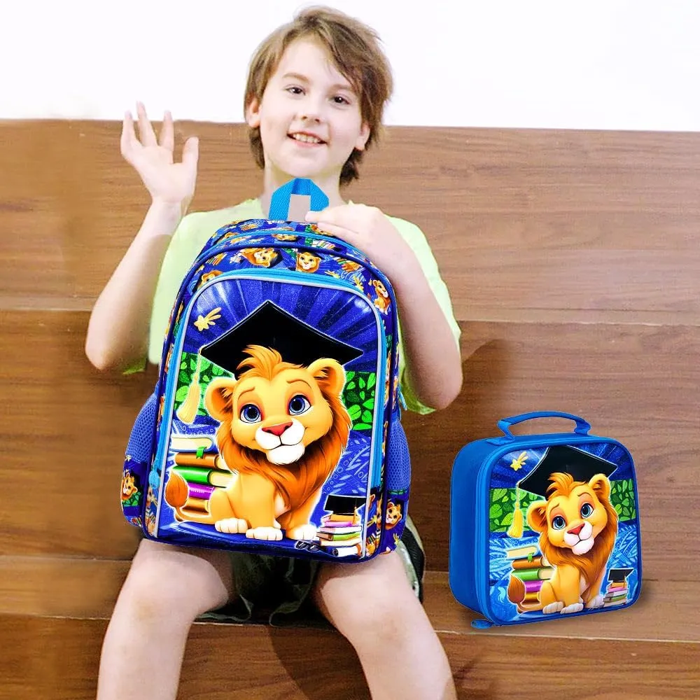 AGSDON 3PCS Lion Backpack for Boys, 16" Kids Bookbag with Lunch Box, Water Resistant Boy Backpacks for School Elementary