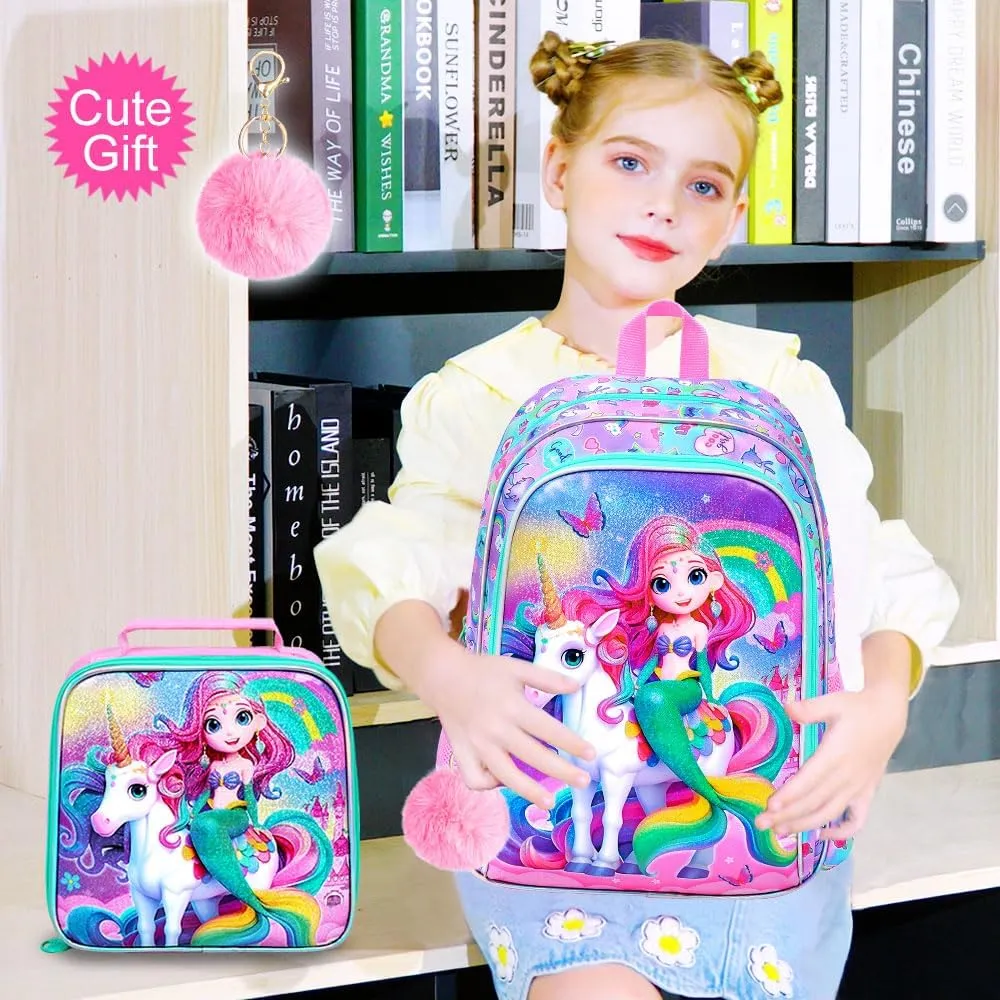 AGSDON 3PCS Mermaid Backpack for Girls, 16" Kids Backpacks Water Resistant with Lunch Box, Bookbag for Elementary Preschool