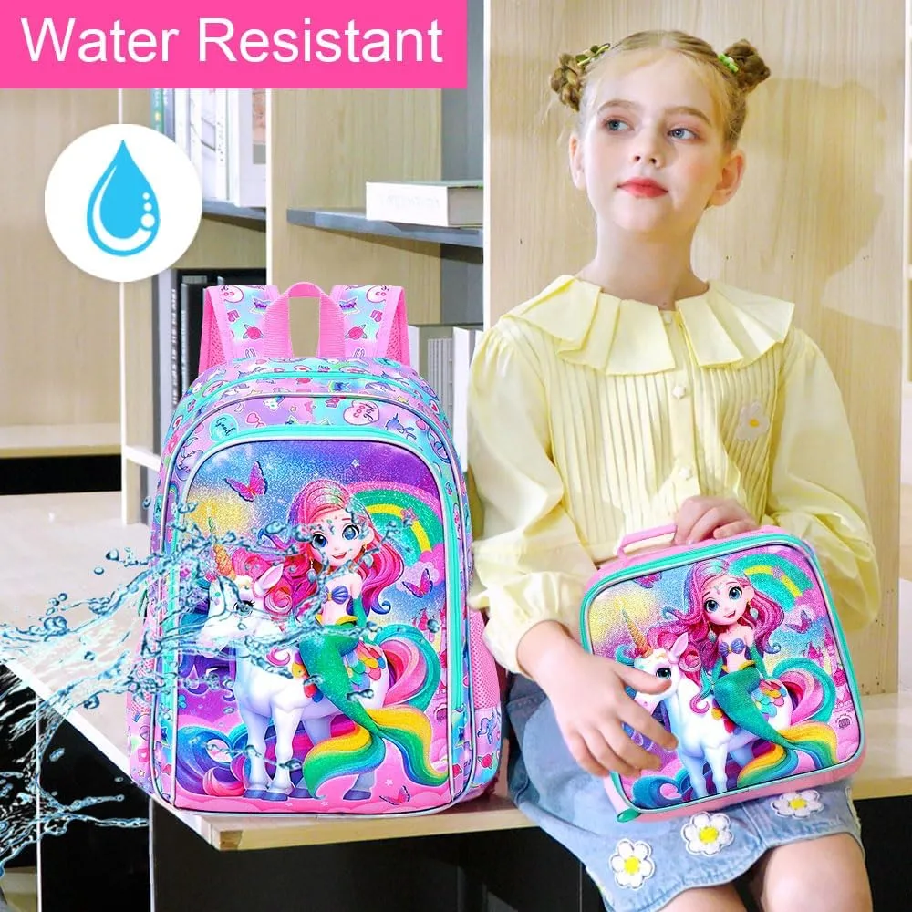 AGSDON 3PCS Mermaid Backpack for Girls, 16" Kids Backpacks Water Resistant with Lunch Box, Bookbag for Elementary Preschool