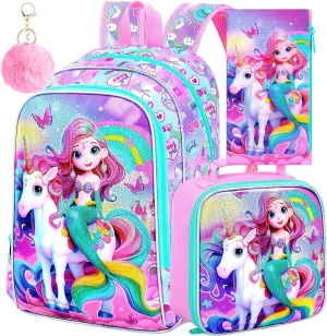 AGSDON 3PCS Mermaid Backpack for Girls, 16" Kids Backpacks Water Resistant with Lunch Box, Bookbag for Elementary Preschool