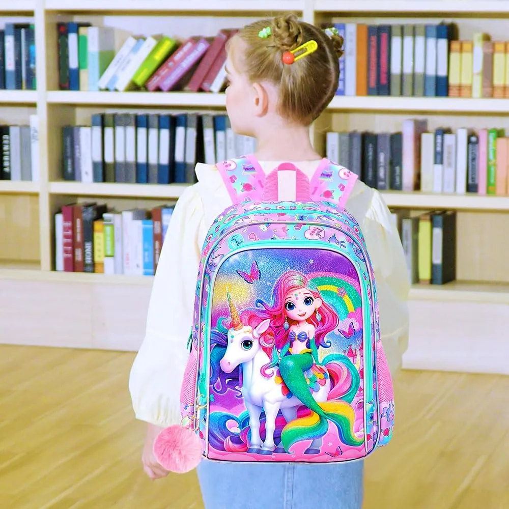 AGSDON 3PCS Mermaid Backpack for Girls, 16" Kids Backpacks Water Resistant with Lunch Box, Bookbag for Elementary Preschool