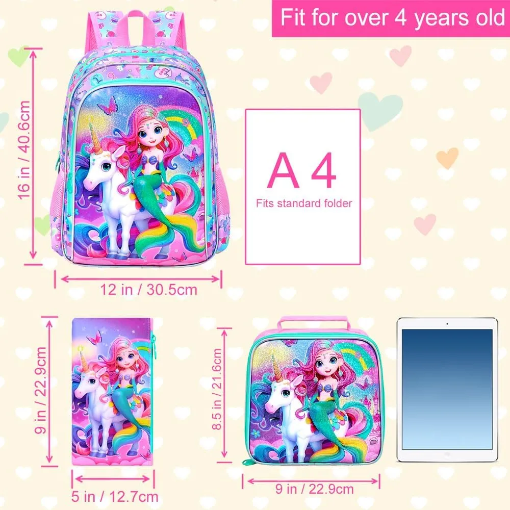 AGSDON 3PCS Mermaid Backpack for Girls, 16" Kids Backpacks Water Resistant with Lunch Box, Bookbag for Elementary Preschool