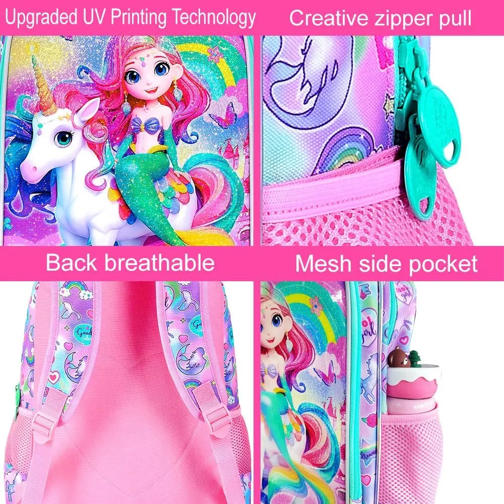 AGSDON 3PCS Mermaid Backpack for Girls, 16" Kids Backpacks Water Resistant with Lunch Box, Bookbag for Elementary Preschool