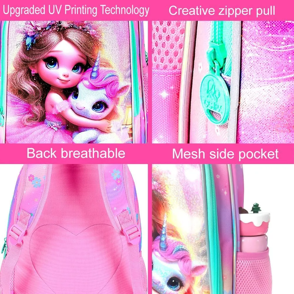 AGSDON 3PCS Unicorn Backpack for Girls, 16" Kids Backpacks for Girl Water Resistant Preschool, Elementary Bookbag with Lunch Box