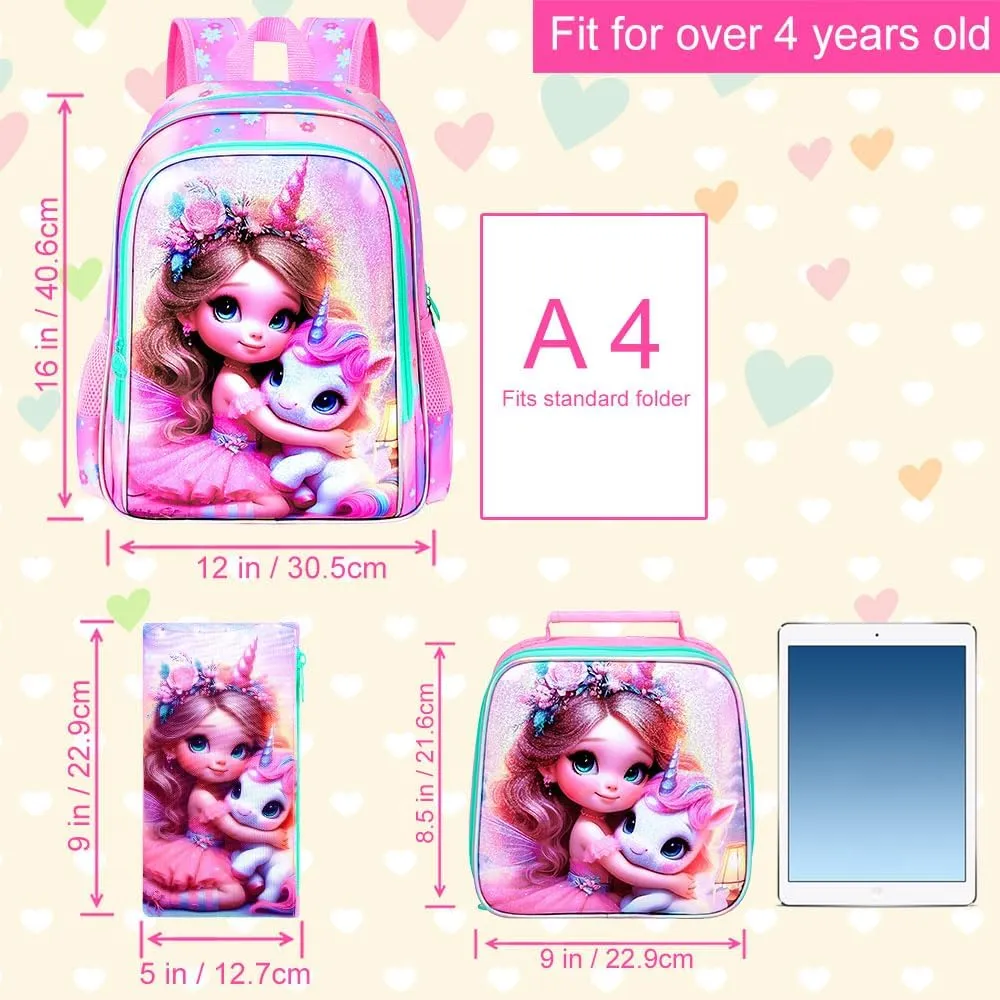 AGSDON 3PCS Unicorn Backpack for Girls, 16" Kids Backpacks for Girl Water Resistant Preschool, Elementary Bookbag with Lunch Box