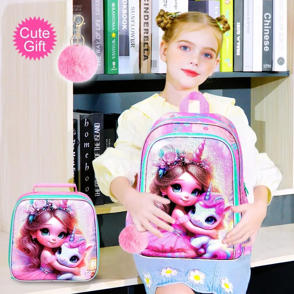 AGSDON 3PCS Unicorn Backpack for Girls, 16" Kids Backpacks for Girl Water Resistant Preschool, Elementary Bookbag with Lunch Box