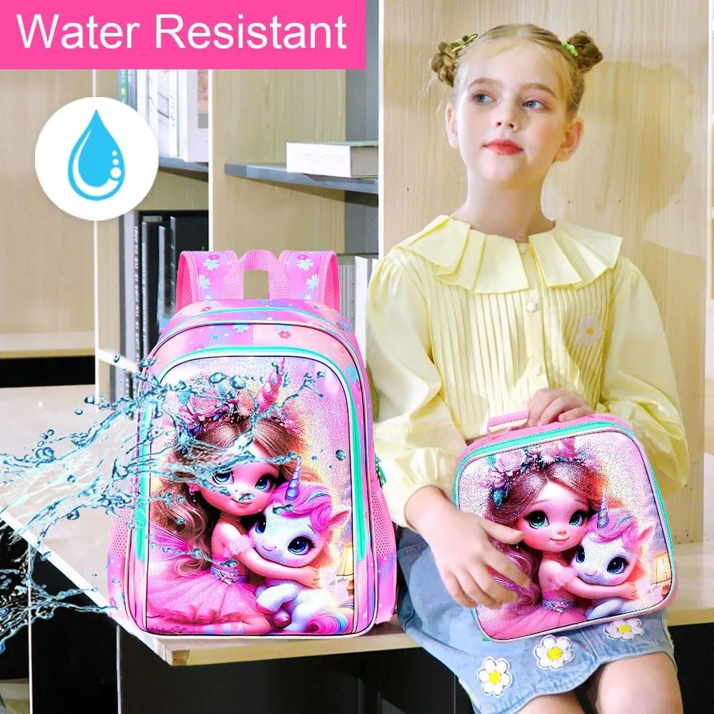 AGSDON 3PCS Unicorn Backpack for Girls, 16" Kids Backpacks for Girl Water Resistant Preschool, Elementary Bookbag with Lunch Box