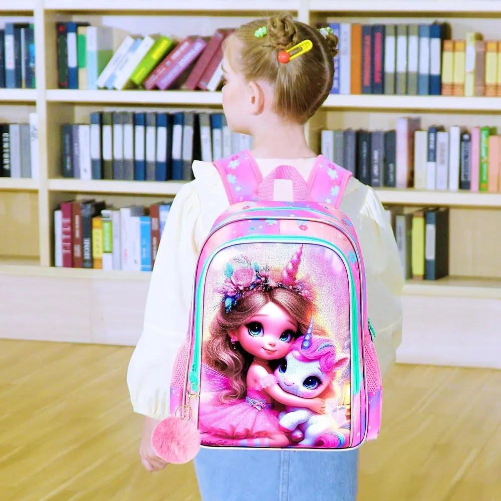 AGSDON 3PCS Unicorn Backpack for Girls, 16" Kids Backpacks for Girl Water Resistant Preschool, Elementary Bookbag with Lunch Box