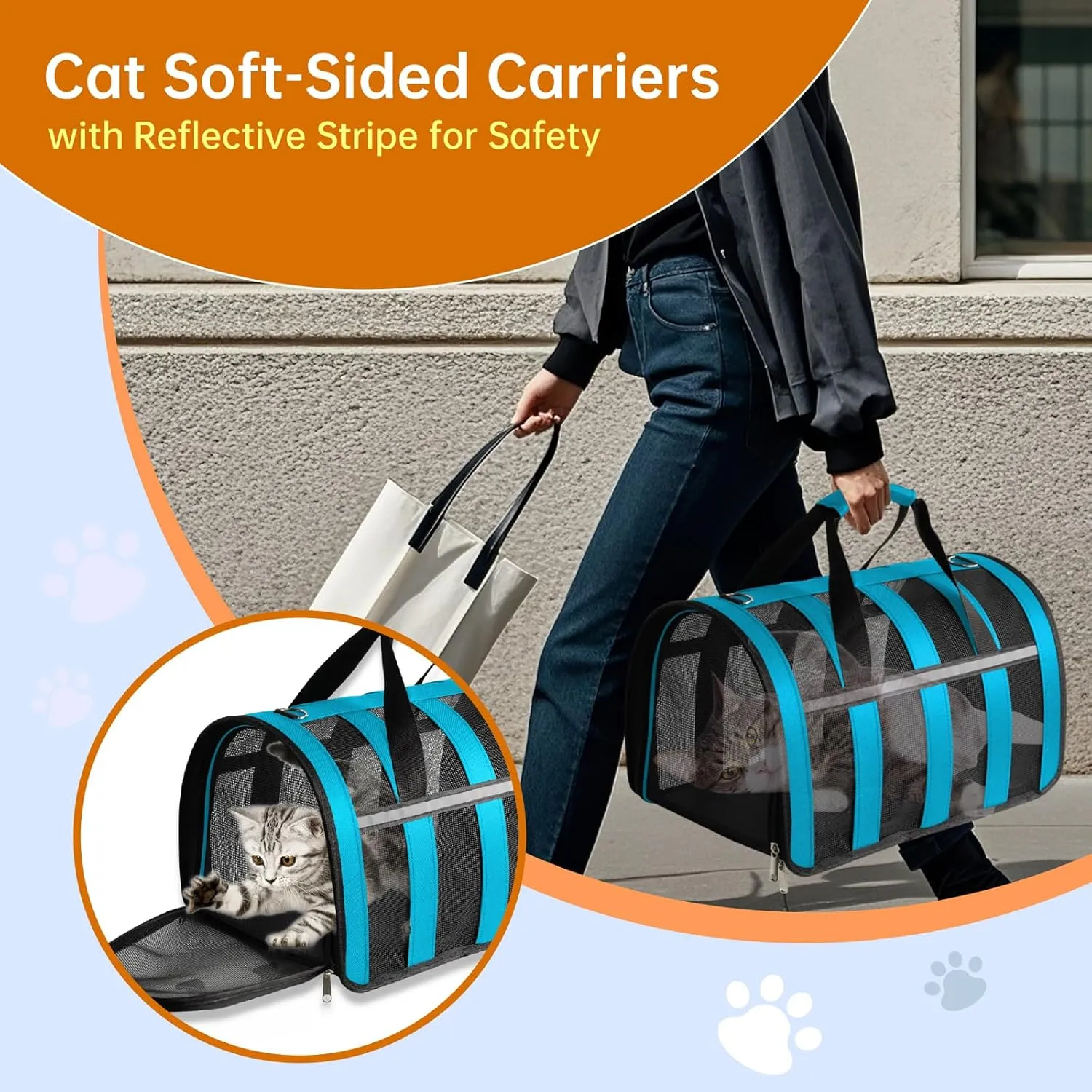 Airline Approved Cat Carrier for Small & Medium Pets up to 15 Lbs, Soft-Sided Collapsible Travel Carrier with Breathable Mesh, Lightweight & Portable Design Blue