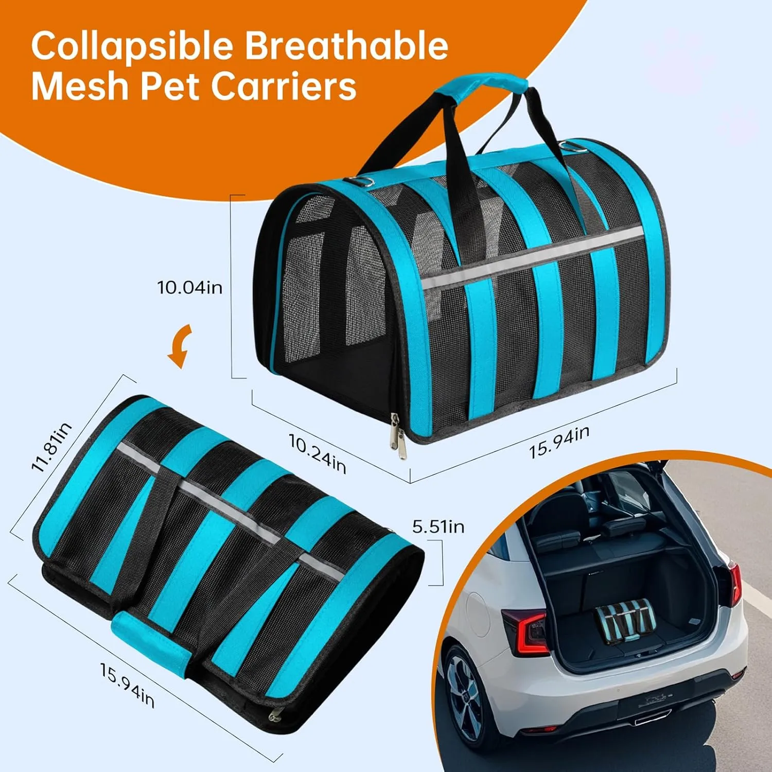 Airline Approved Cat Carrier for Small & Medium Pets up to 15 Lbs, Soft-Sided Collapsible Travel Carrier with Breathable Mesh, Lightweight & Portable Design Blue