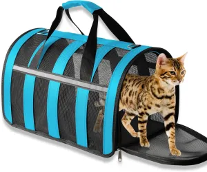 Airline Approved Cat Carrier for Small & Medium Pets up to 15 Lbs, Soft-Sided Collapsible Travel Carrier with Breathable Mesh, Lightweight & Portable Design Blue