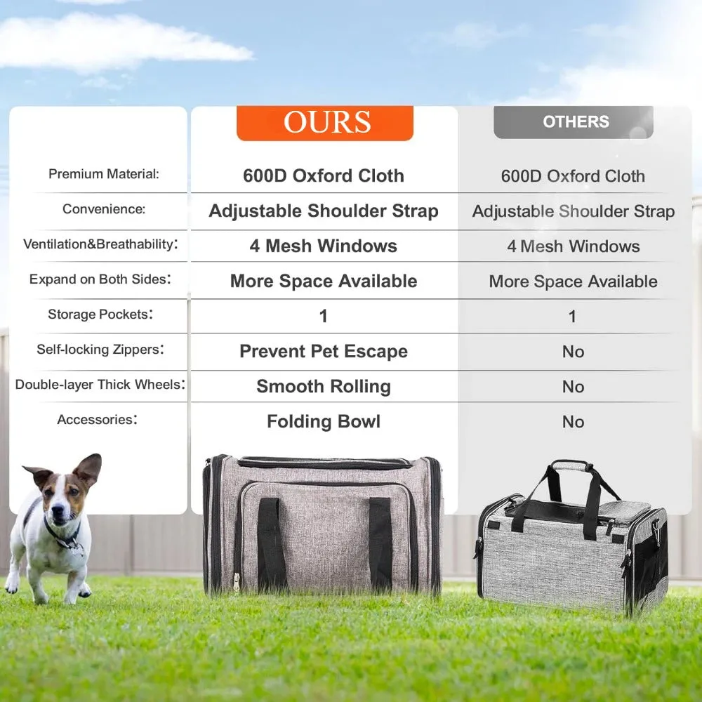Airline Approved Pet Carrier with Wheels, Expandable Rolling Cat Dog Carrier for Medium Dogs and Cats Under 25LBS, Pet Travel