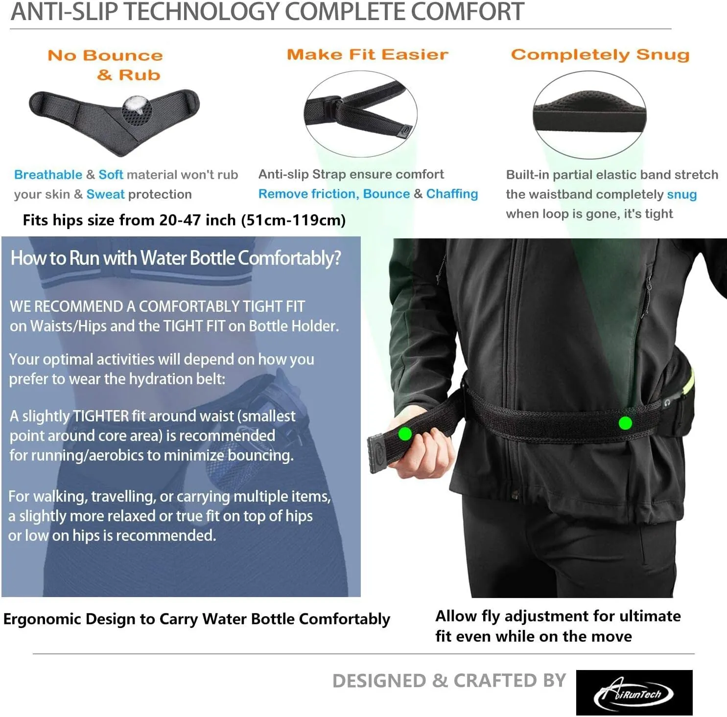 AiRunTech Fanny Pack with Water Bottle Holder for Running Walking Hiking No-Bounce Hydration Belts for Runner Athletes Fit All Waist Sizes & All Phone Models