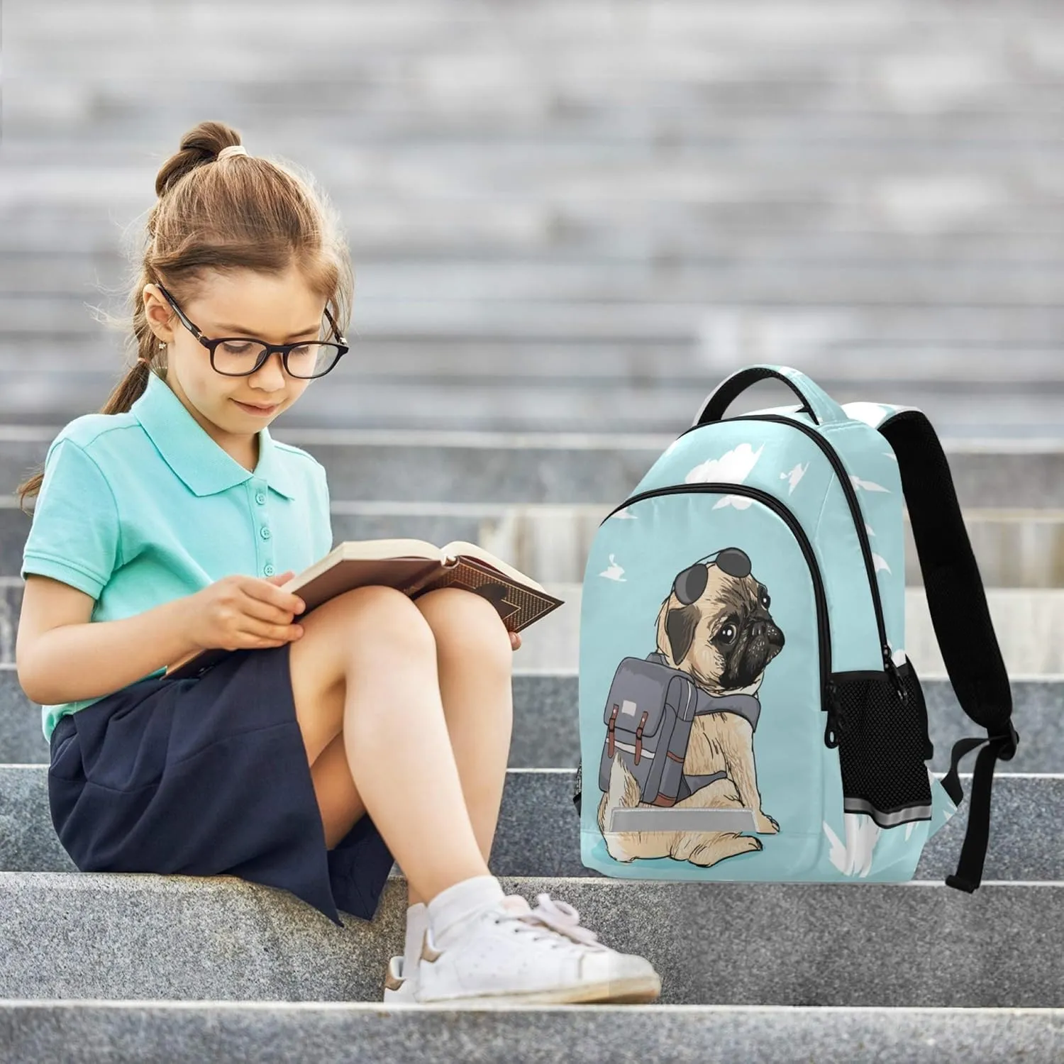 ALAZA Cute Cartoon Pug Dog Print Blue Backpack Purse for Women Men Personalized Laptop Notebook Tablet School Bag Stylish Casual Daypack, 13 14 15.6 inch